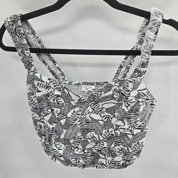 Japna White Black Tropical Leaves Lined Retro Cotton/Flax Blend Crop Top Large - Picture 1 of 6